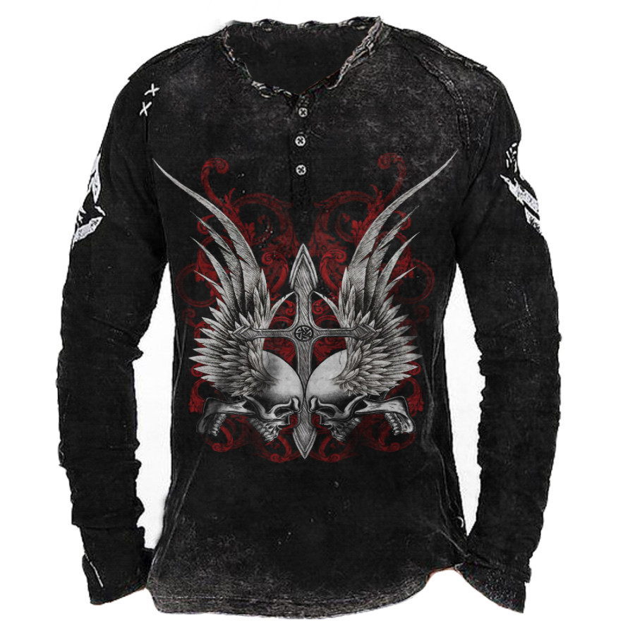 Men's Skull Wings Print Long Sleeve Henley Shirt