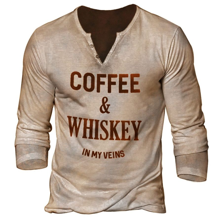 

Mens Outdoor I Have Coffee And Whiskey Print Henley T-Shirt