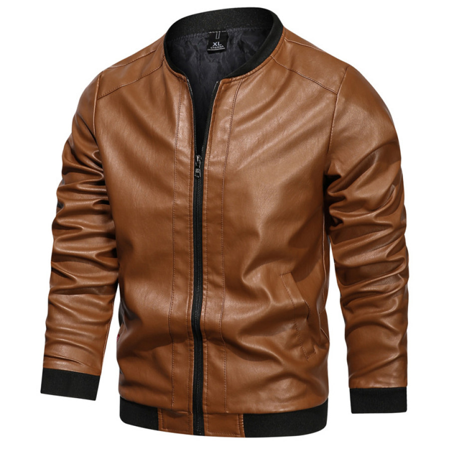 

Men's Fashion Casual Solid Color Stand Collar Leather Jacket