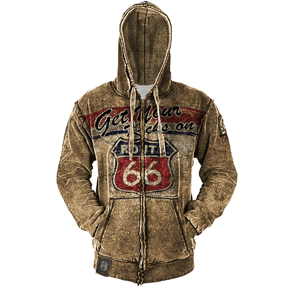 Men's Retro Motorcycle Print Outdoor Zipper Cardigan Hoodie