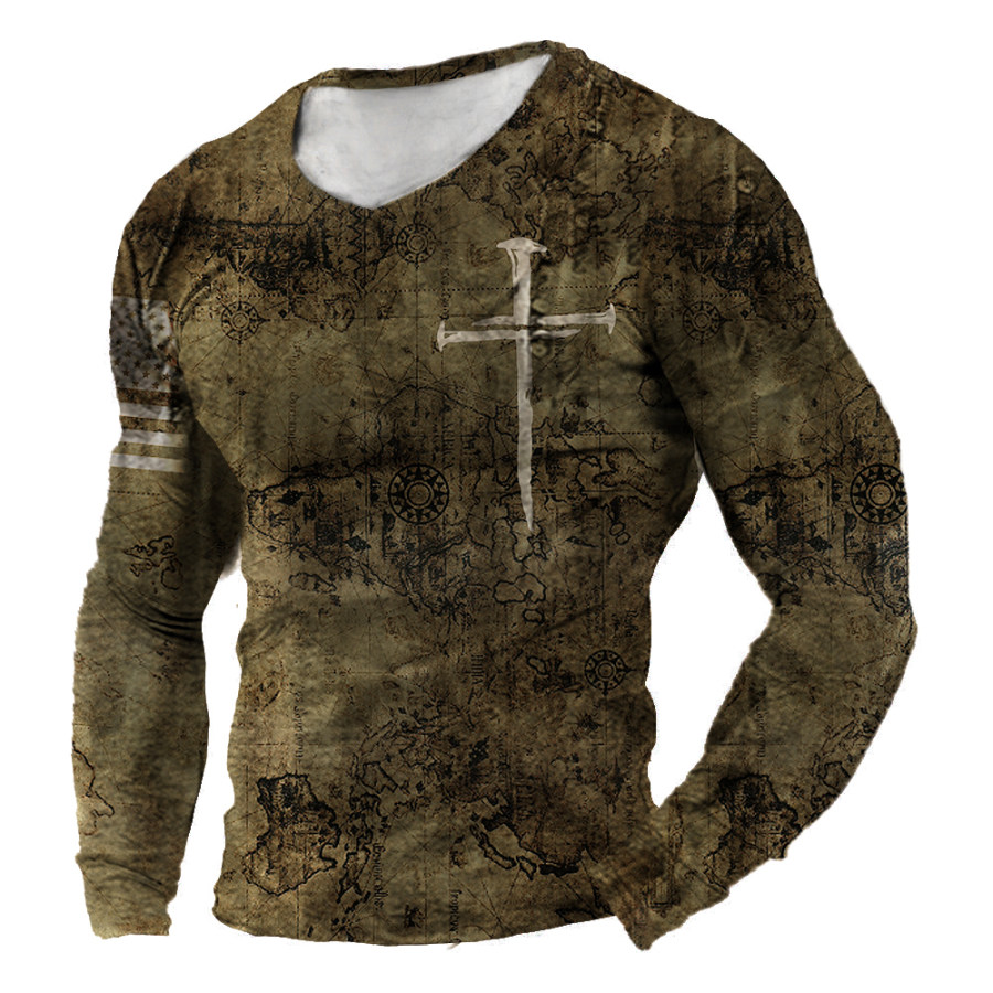 

Men's Outdoor Map Nautical Printing Tactical V-neck Long Sleeves Shirt