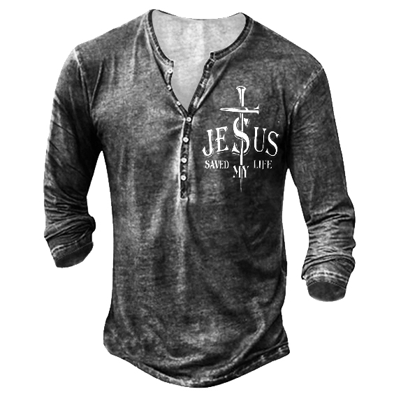 Mens Jesus Cross Button-up Chic Casual Retro Henley Shirts