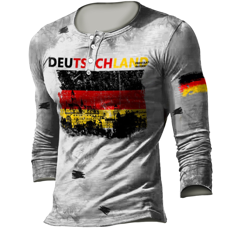 Men's German Neuschwanstein Castle Chic Retro Print Tactical Casual Henley Shirt