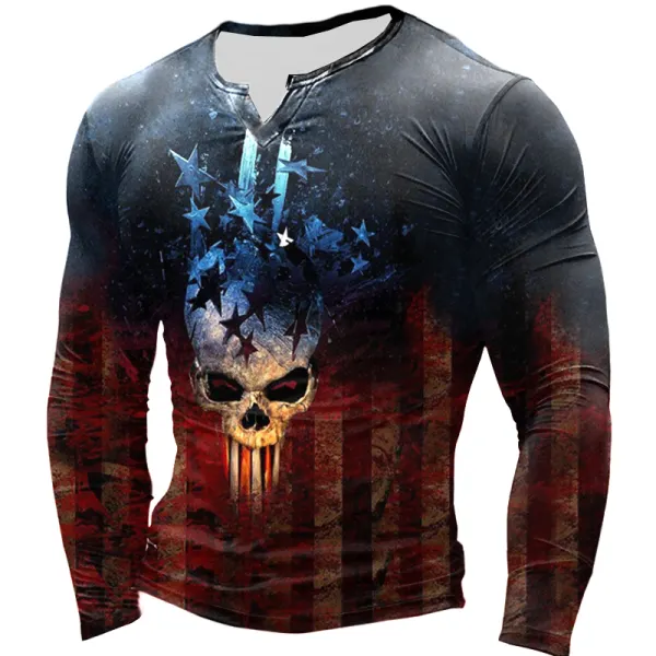 Men's Flag Skull Print Long-sleeved T-shirt - Styletaken.chimpone.com 