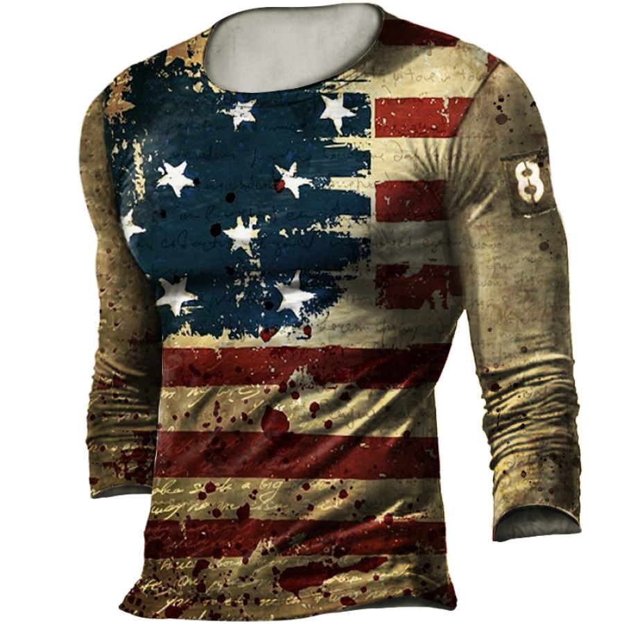 

T-shirt Casual Tattica Con Stampa Retrò Bandiera Americana Da Uomo