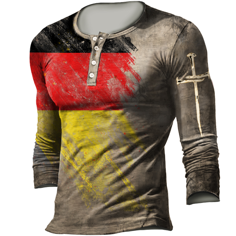 Men's Outdoor German Flag Chic Cross Retro Print Tactical Casual Henley Shirt