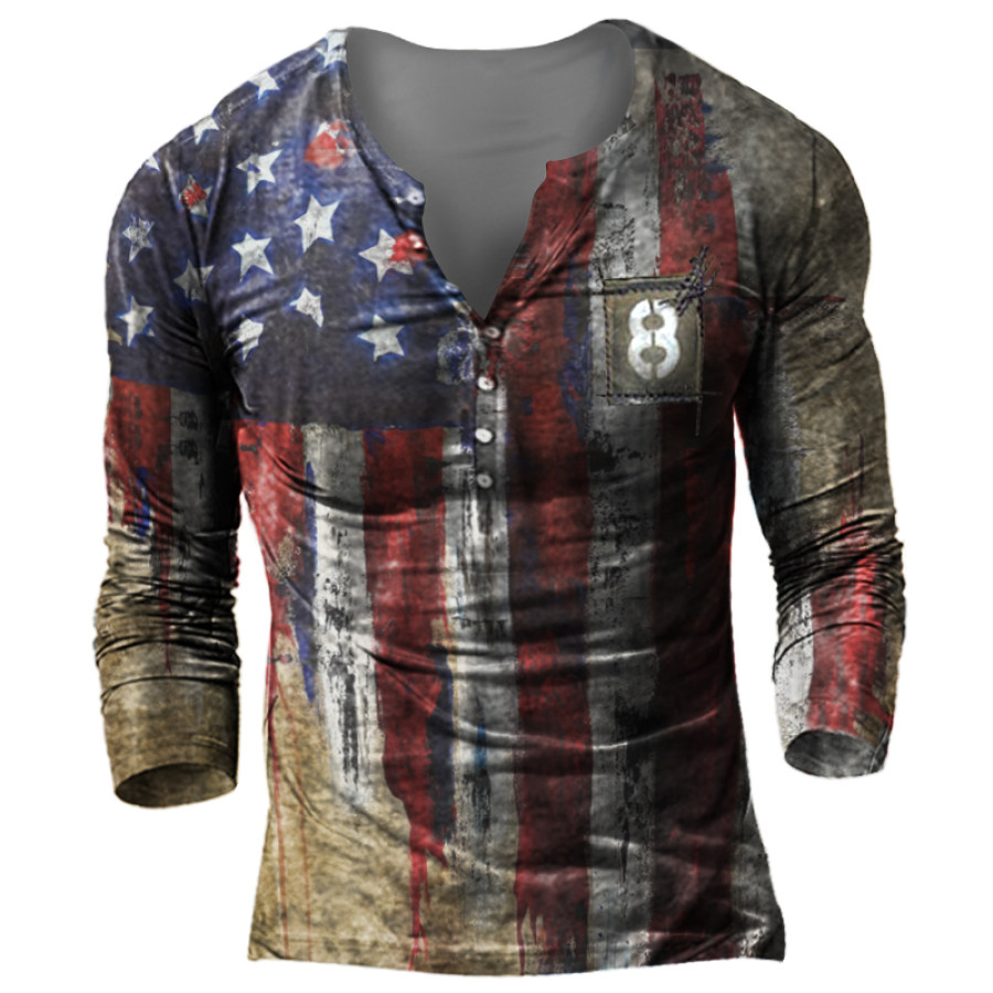 

Men's Outdoor Flag Print V-neck Long-sleeved T-shirt