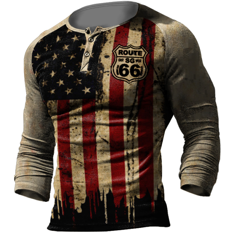 

Men's American Flag Route 66 Retro Print Tactical Casual Henley Shirt