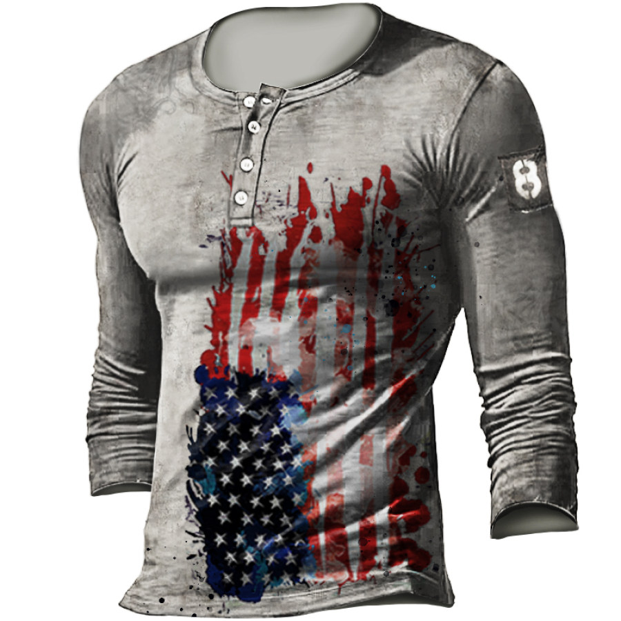 

Camiseta Henley Casual Táctica Con Estampado Retro De Bandera Americana Para Hombre