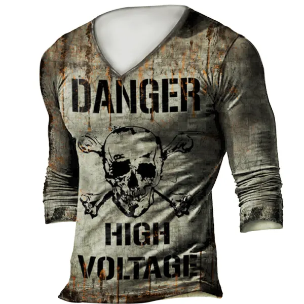 Men's Skull Danger High Voltage Retro Tactical Casual V-neck T-shirt - Styletaken.chimpone.com 