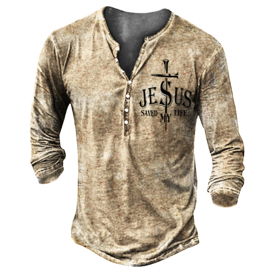 

Мужские повседневные рубашки Henley на пуговицах в стиле ретро на пуговицах с Иисусом крестом