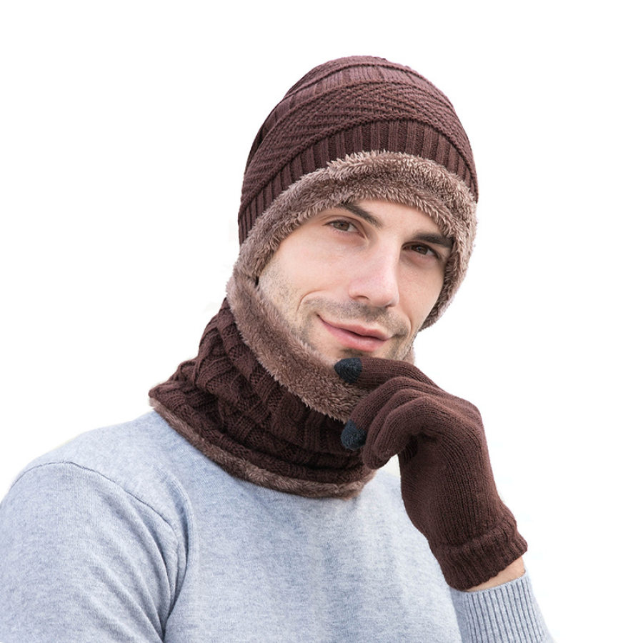 

Men's Knitted Wool Hat Scarf Gloves Three Piece Set