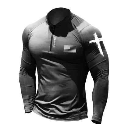 Men's Casual American Flag Print Long-sleeved T-shirt