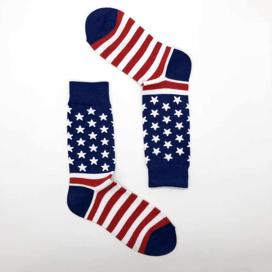 

Meias De Algodão De Comprimento Médio Masculino Com Bandeira Americana Alfabética Jacquard