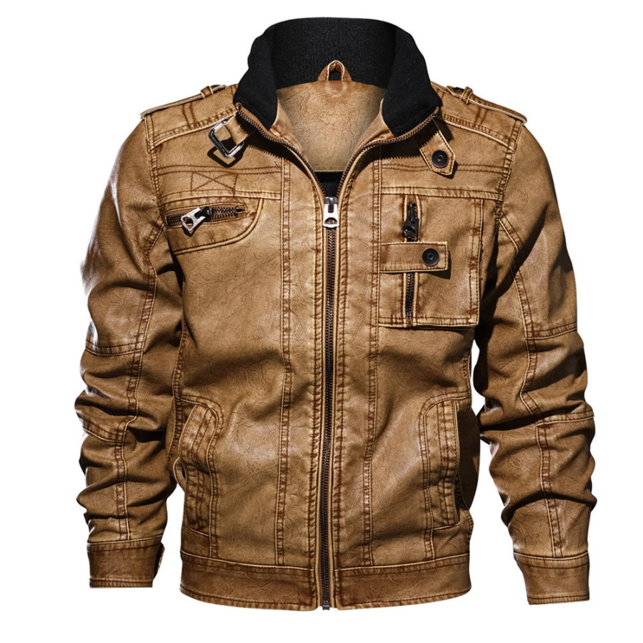 

Men's Stand-up Collar Zipper Side Slit Pocket Leather Jacket