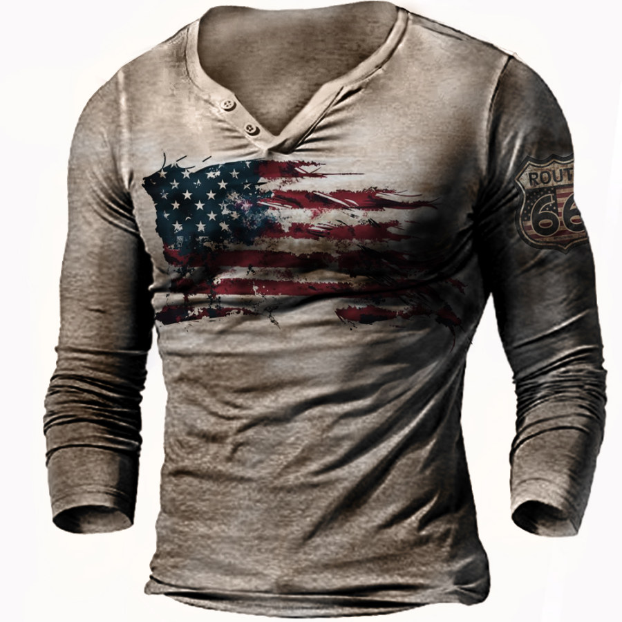 Men's Outdoor Flag 66 Road Print Long-sleeved T-shirt