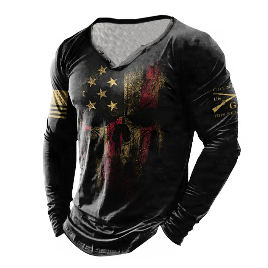 

Men's Outdoor Flag Spartan Warrior Skull Print Long Sleeve Henry Shirt