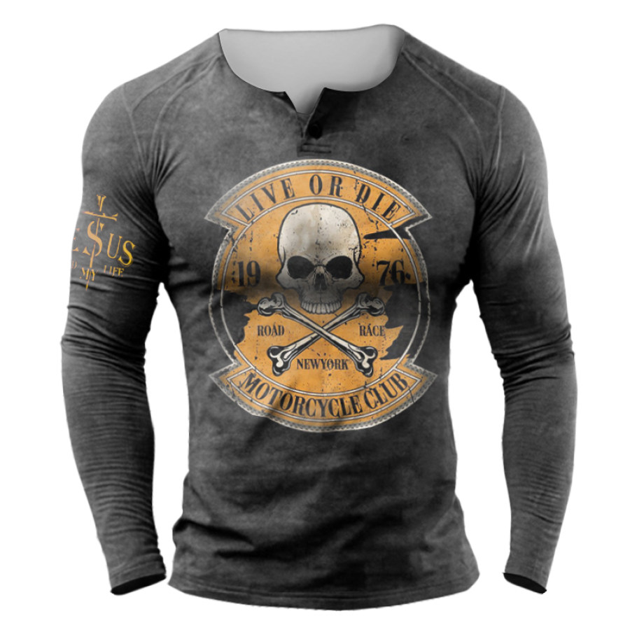 Motorcycle Club Racing Print Long Sleeve Henley Shirt