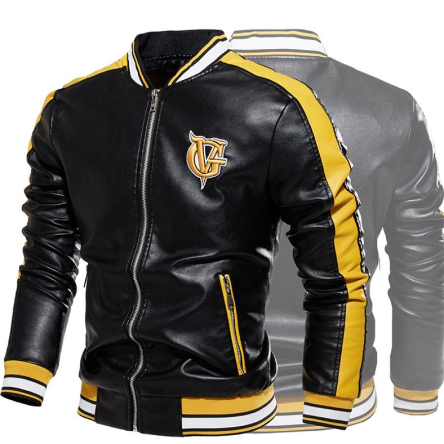 

Men's British Motorcycle Clothing Color Matching Plus Velvet Leather Jacket
