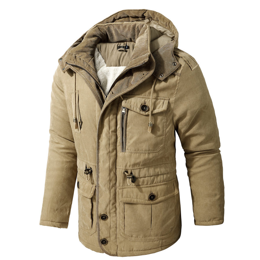 

Men's Cashmere Hooded Thickened Multi Pocket Casual Coat Padded Jacket