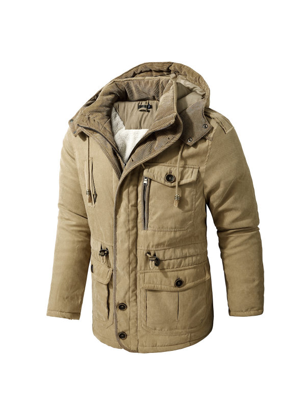 Men's Cashmere Hooded Thickened Multi Pocket Casual Coat Padded Jacket