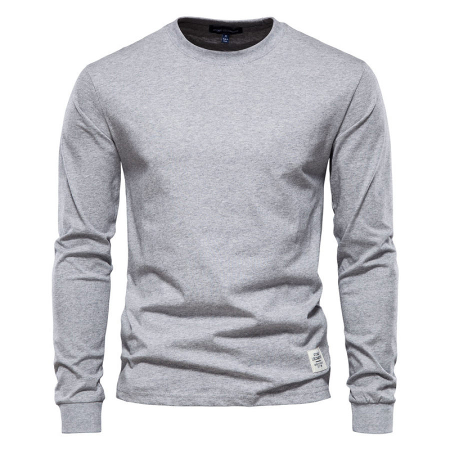 Men's Solid Color Long-Sleeved Casual Round Neck Cotton T-Shirt