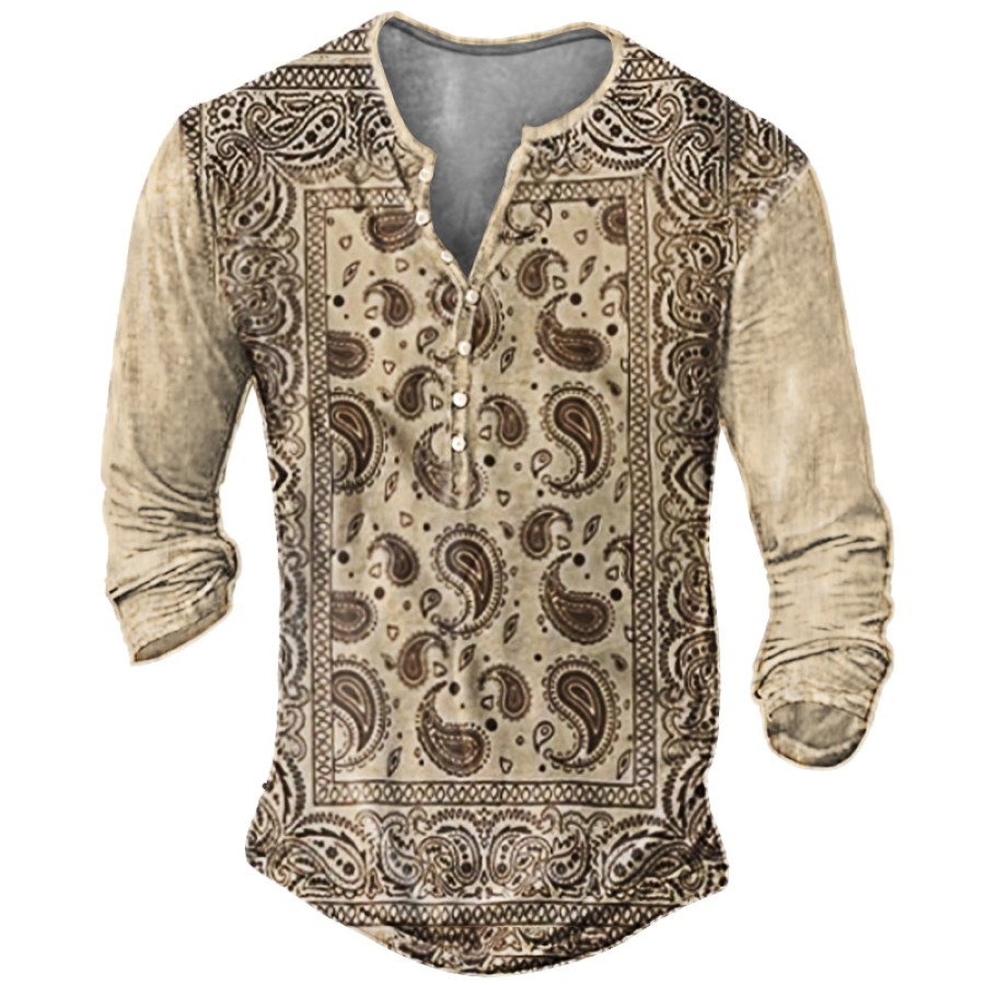 

Men's Outdoor Vintage Cashew Flower Pattern Henley Shirt