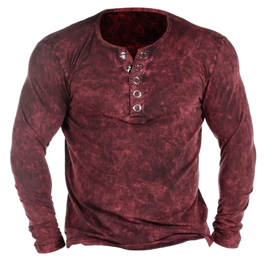 

Men's Vintage Rust Red Henley Metal Button Long Sleeve Shirt