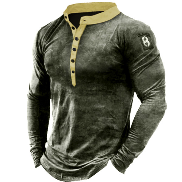 Men's Outdoor Vintage Henry Collar Tactical T-Shirt - Nikiluwa.com
