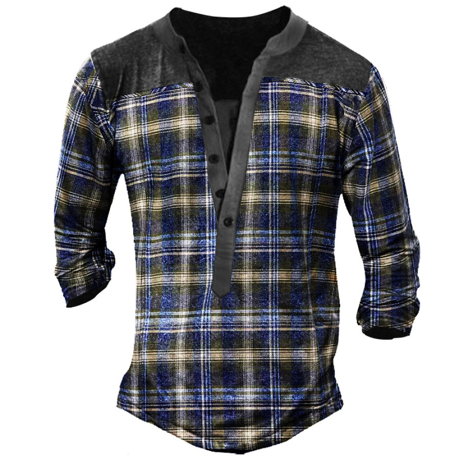 

Retro Plaid Men's Outdoor Tactics Henley Button Long Sleeve Shirt