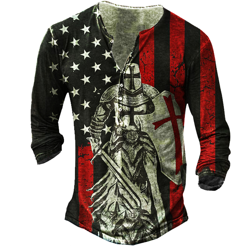 Crusader American Flag Men's Chic Vintage Henley Button Long Sleeve Shirt