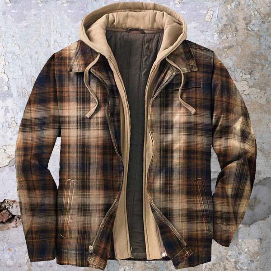 

Men's Retro Winter Thick Plaid Flannel Hooded Jacket