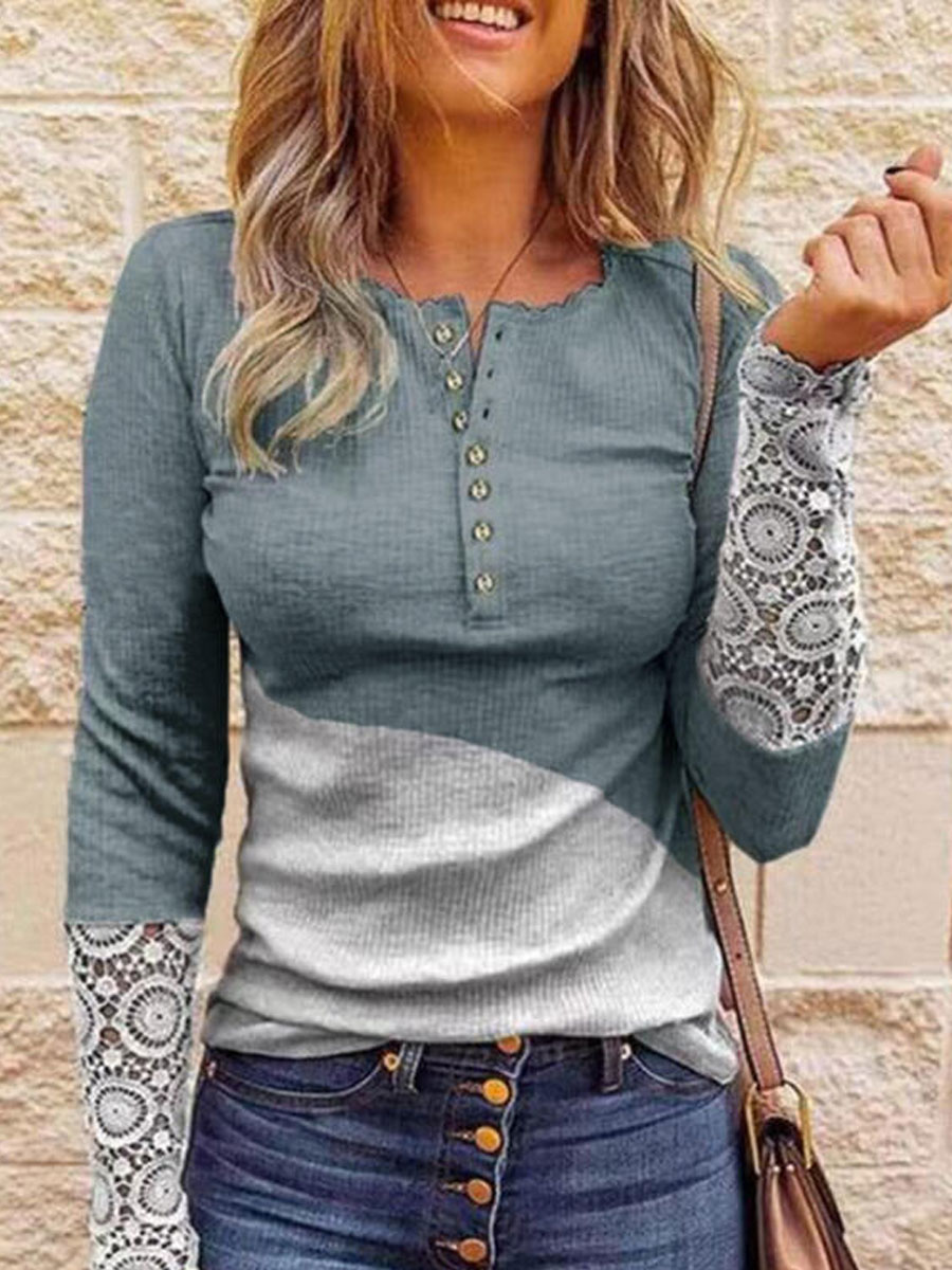 Colorblock Lace Stitching Casual Long sleeved T shirt