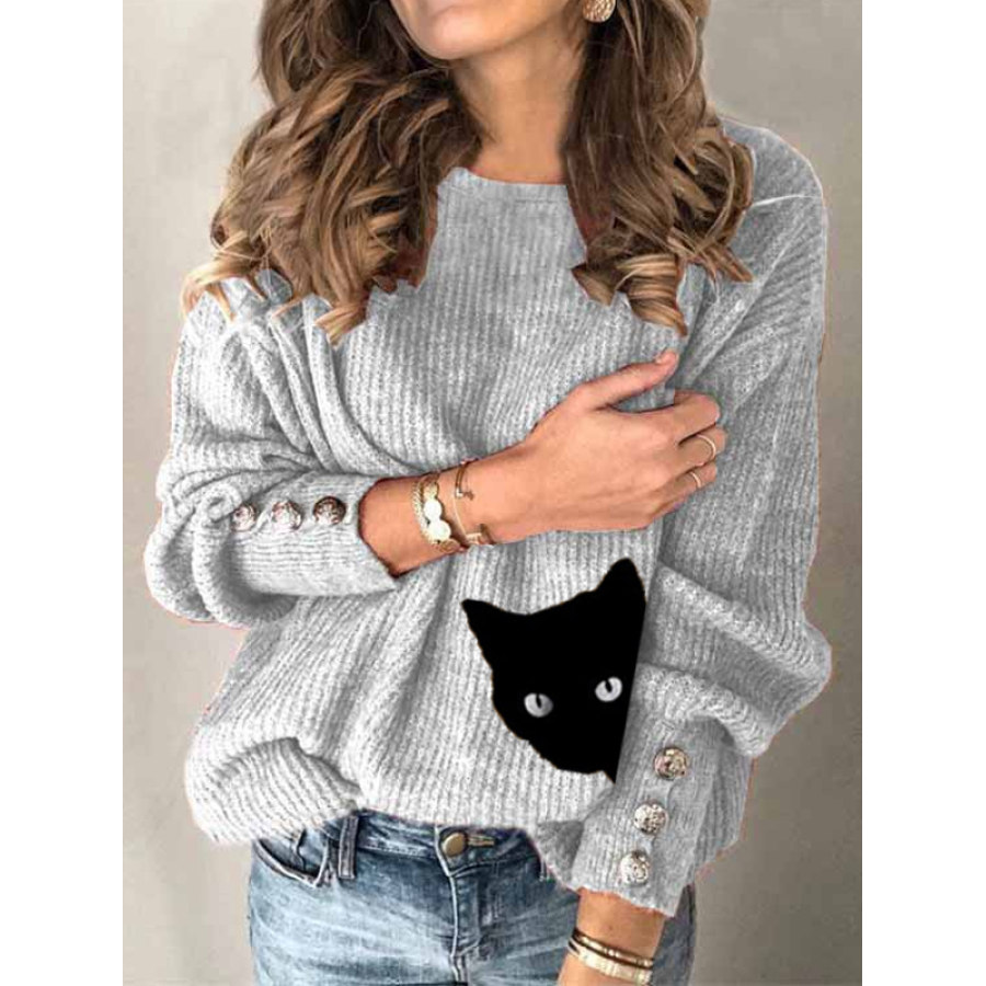 

Button Cat Print Casual Crew Neck Sweater
