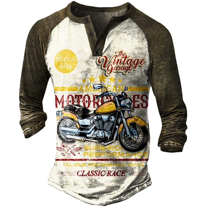 Men's Outdoor Retro Motorcycle Print Chic Tactical Henry Shirt