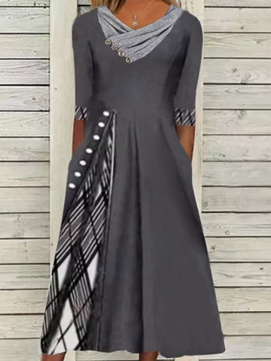 Plaid Stitching Casual Loose Chic Long-sleeved Maxi Dress