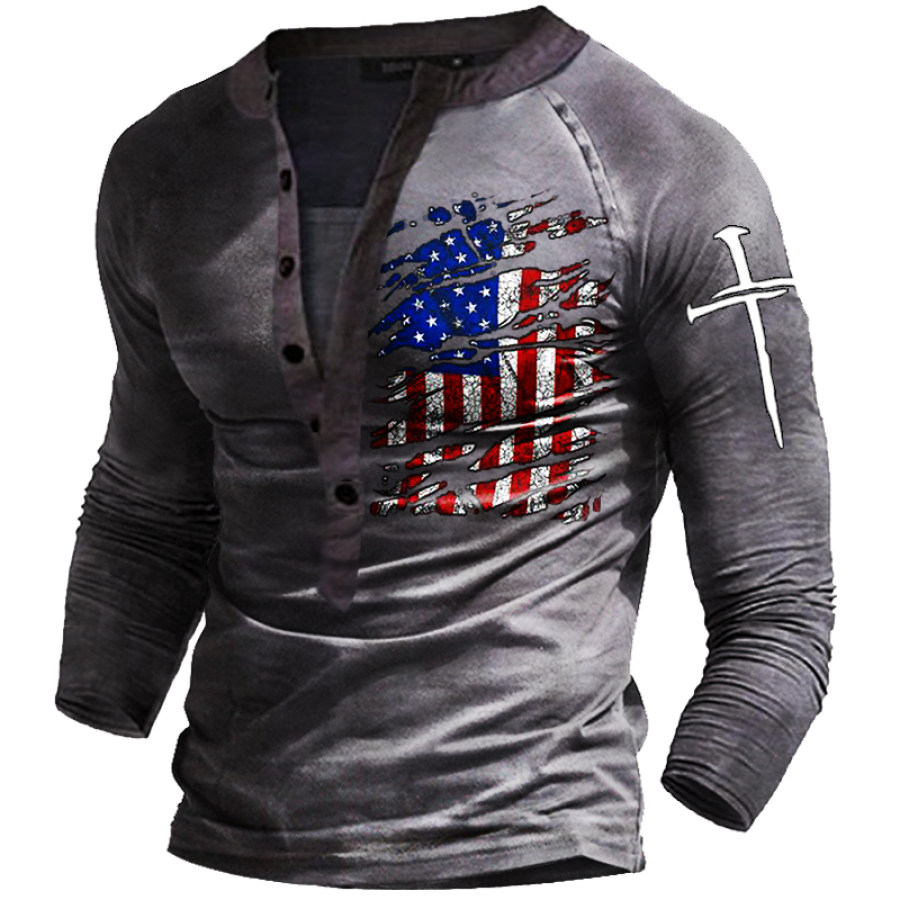 

Men's Outdoor American Flag Jesus Cross Retro Tactical Henry Shirt
