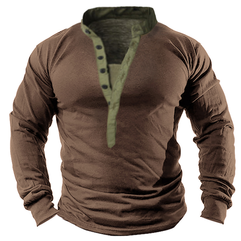Men's Retro Outdoor Henley Chic Button Collar Tactical T-shirt