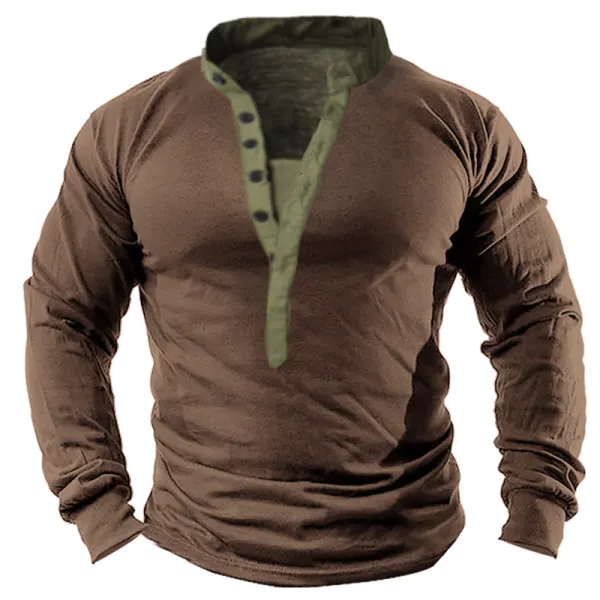 Men's Retro Outdoor Henley Button Collar Tactical T-shirt - Nikiluwa.com