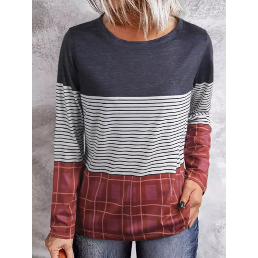 

Fashion Round Neck Long Sleeve Casual Striped Printed T-shirt