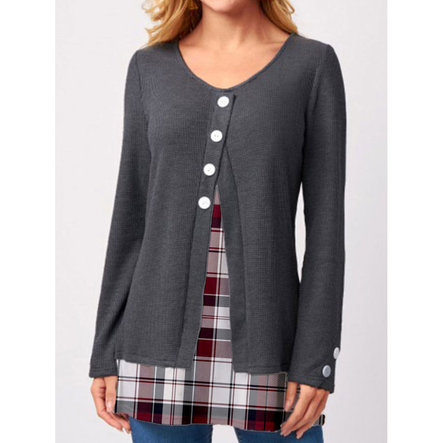 

Fashion Check Print Round Neck Long Sleeve Casual T-shirt