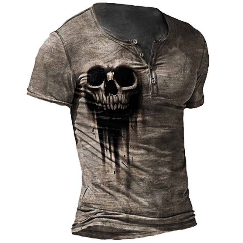 Men's Outdoor Skull Retro Print Chic Tactical Short-sleeved Henley Shirt