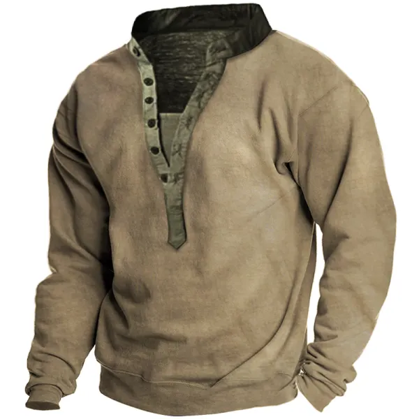Men's Outdoor Vintage Contrast Color Henley Collar Sweatshirt - Mosaicnew.com 