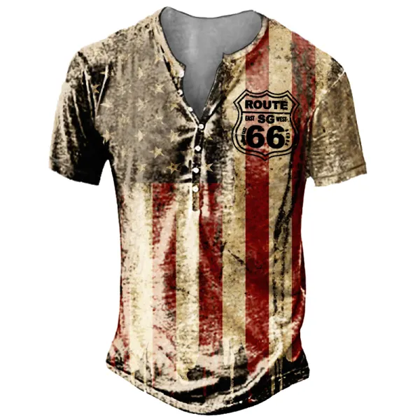 Men's American Flag Route 66 Retro Short Sleeve T-Shirt - Chrisitina.com 