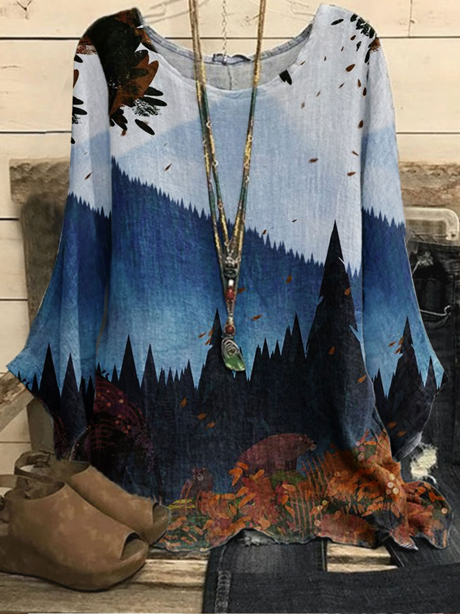 Round Neck Printed Casual Loose Long sleeved Blouse