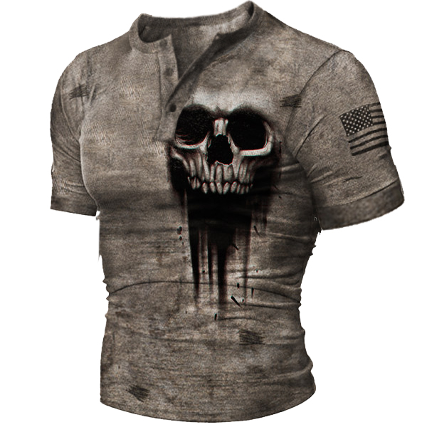 Men's Outdoor Retro Skull Chic Henry Collar Short Sleeve T-shirt
