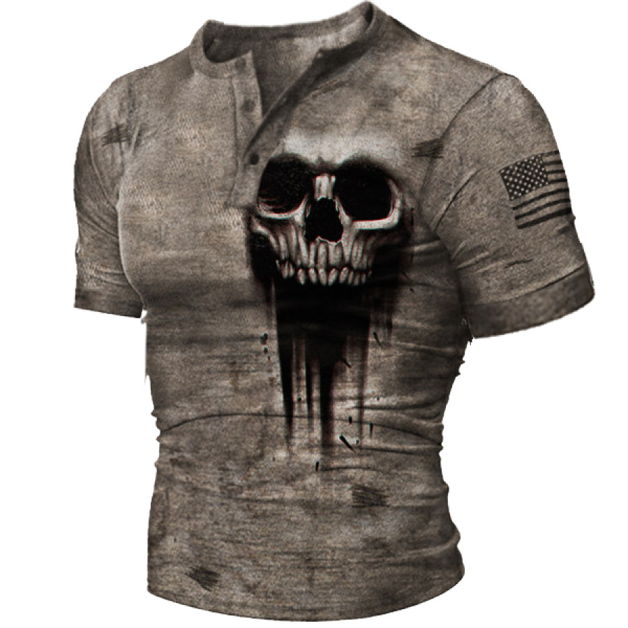

T-shirt à Manches Courtes Pour Hommes Avec Col Henry Et Crâne Rétro Pour L'extérieur