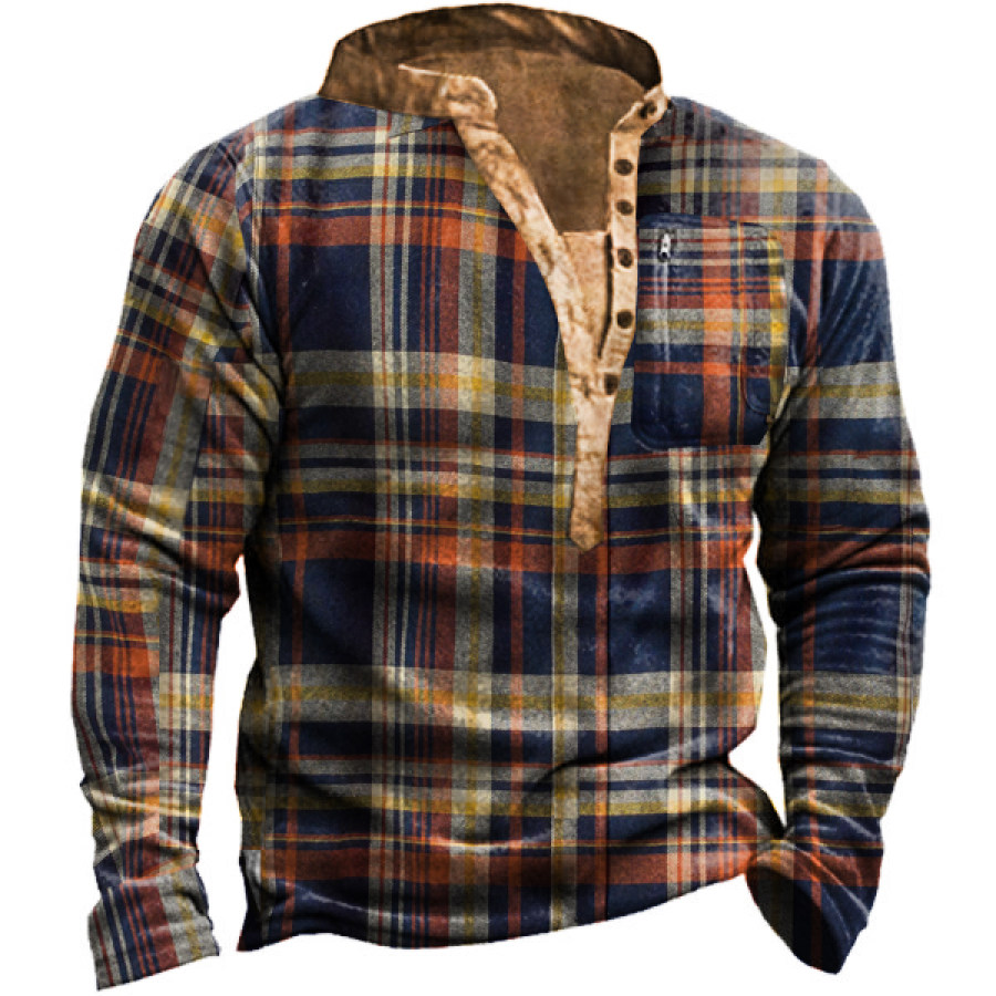 

Sudadera Con Cuello Henley De Forro Polar A Cuadros Retro Al Aire Libre Para Hombre