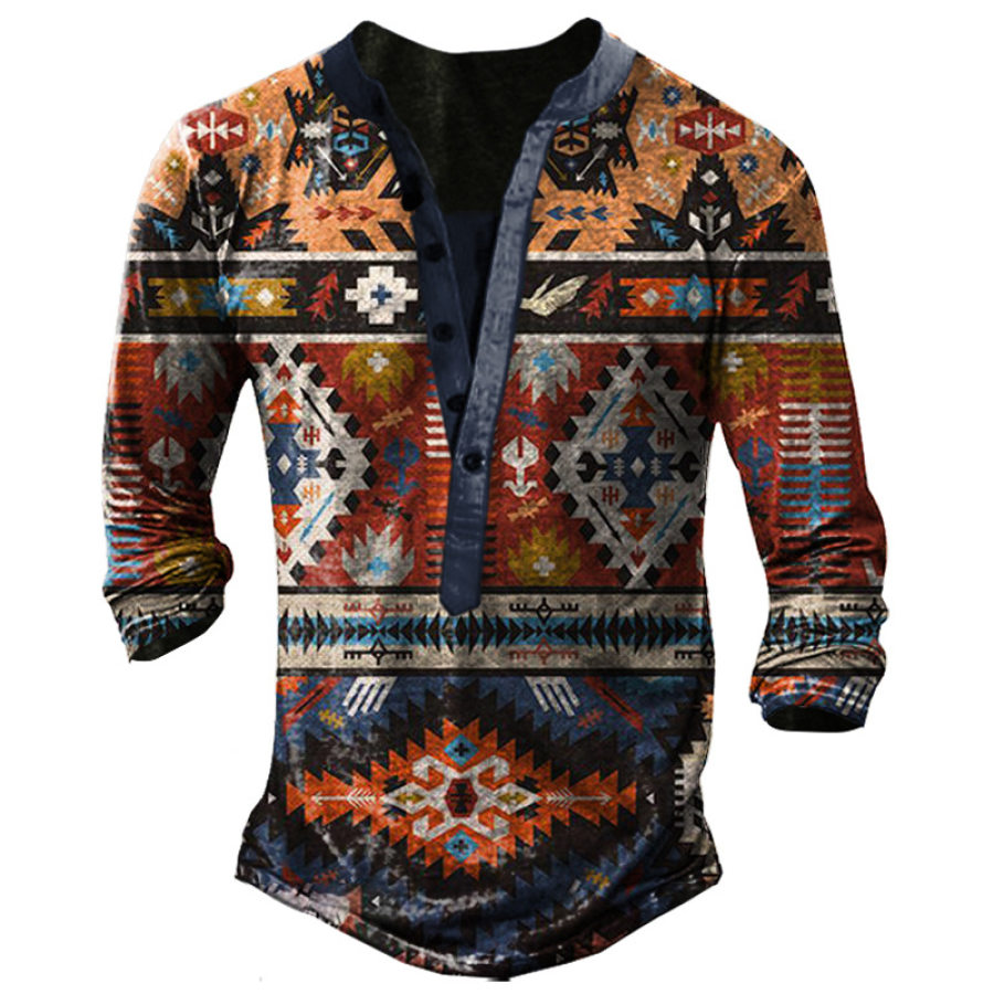 

Men's Outdoor Western Ethnic Pattern Tactical Henley Collar T-shirt