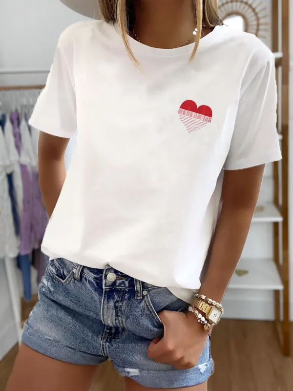 Casual Heart And Letter Print Short Sleeve T-shirt - Ininrubyclub.com 